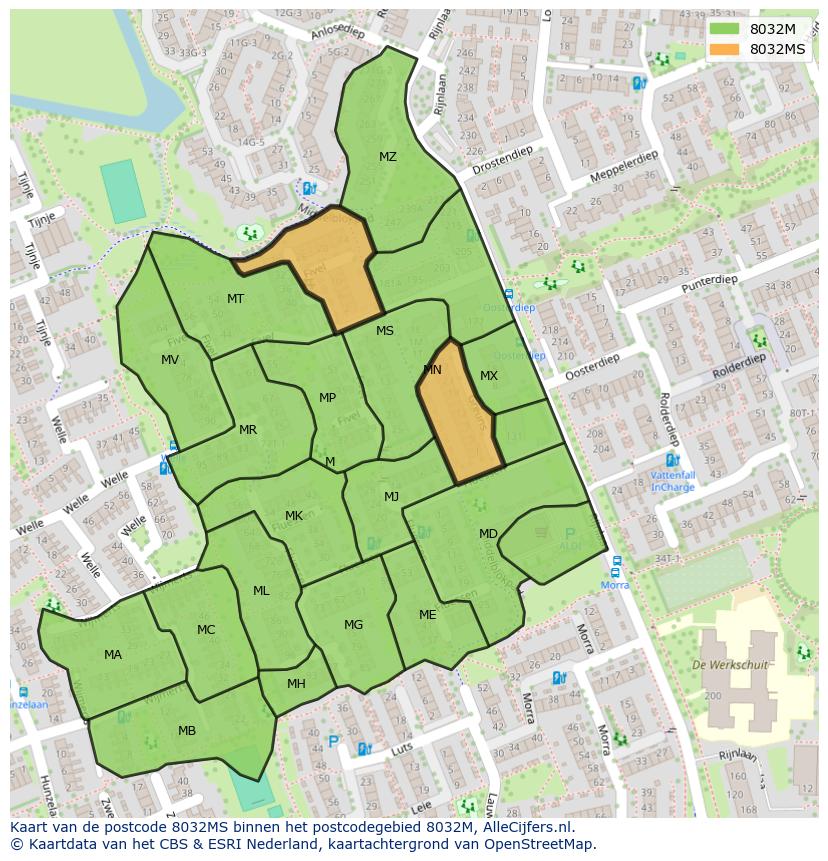 Afbeelding van het postcodegebied 8032 MS op de kaart.
