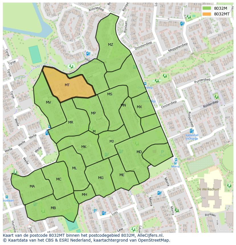 Afbeelding van het postcodegebied 8032 MT op de kaart.