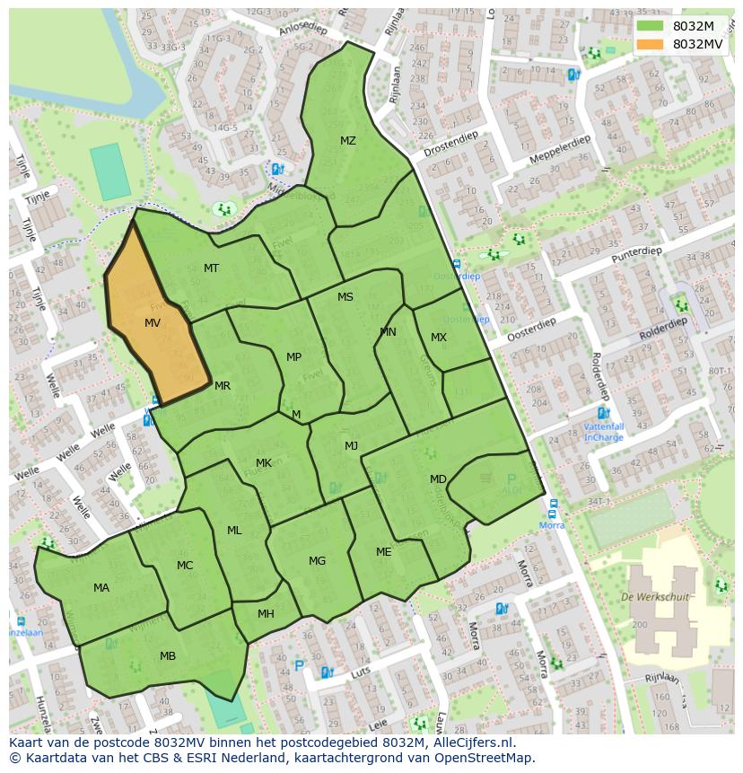 Afbeelding van het postcodegebied 8032 MV op de kaart.