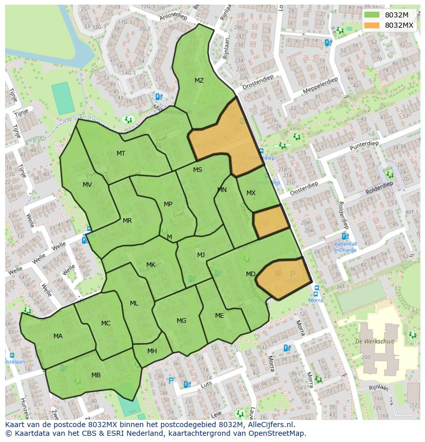 Afbeelding van het postcodegebied 8032 MX op de kaart.