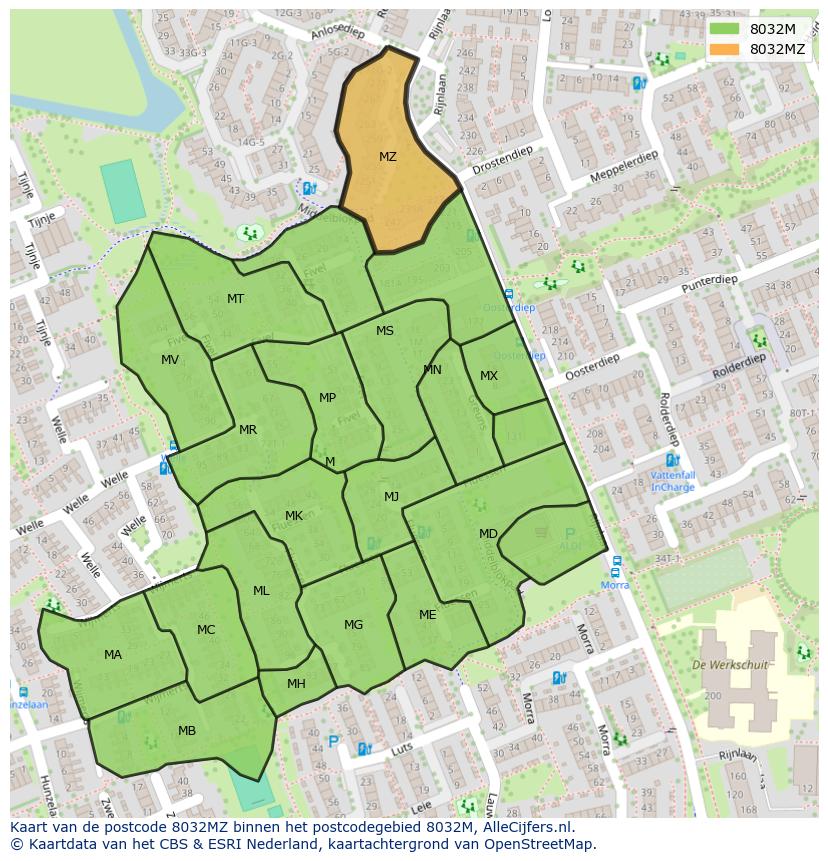 Afbeelding van het postcodegebied 8032 MZ op de kaart.