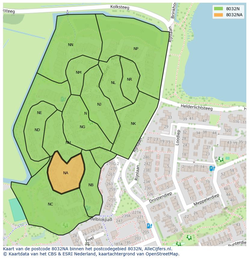 Afbeelding van het postcodegebied 8032 NA op de kaart.