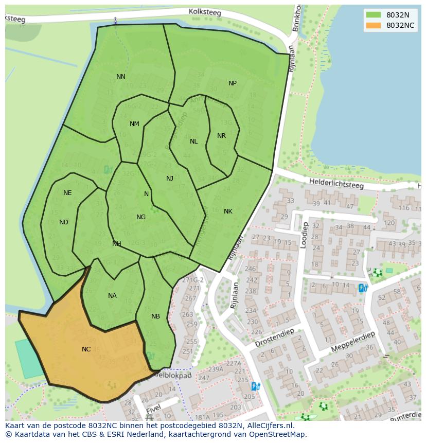 Afbeelding van het postcodegebied 8032 NC op de kaart.