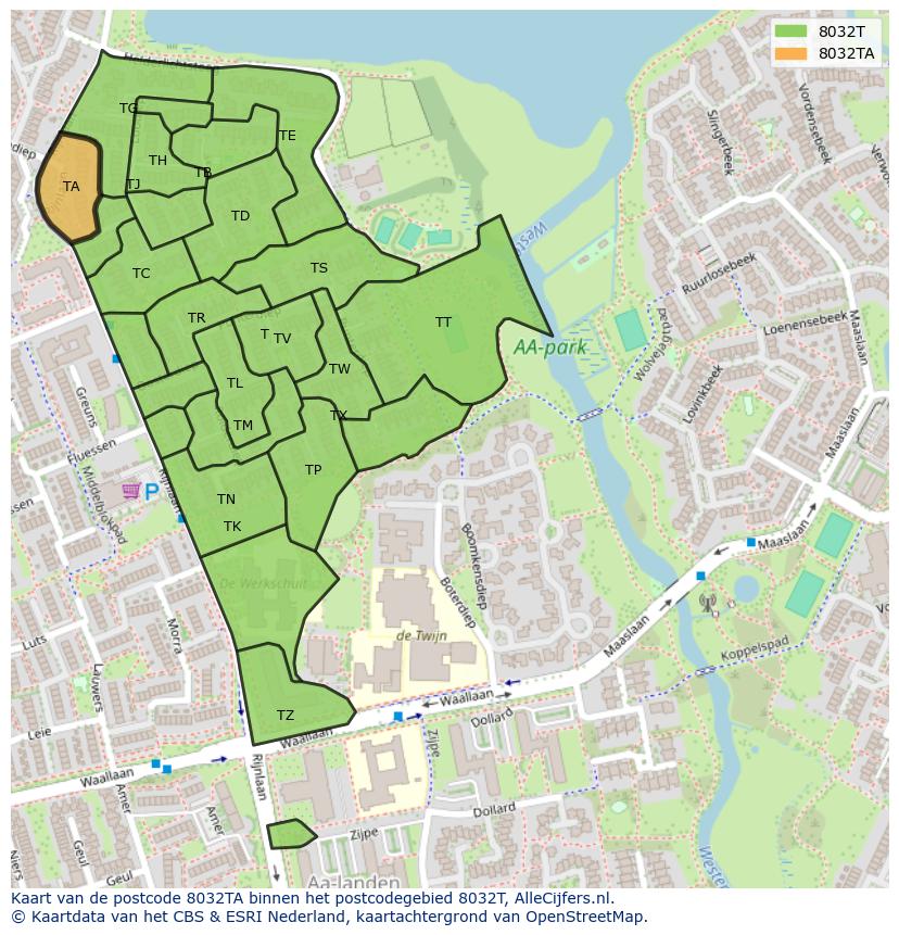Afbeelding van het postcodegebied 8032 TA op de kaart.