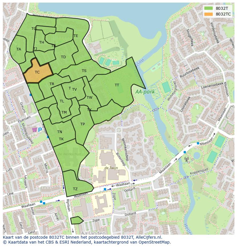 Afbeelding van het postcodegebied 8032 TC op de kaart.