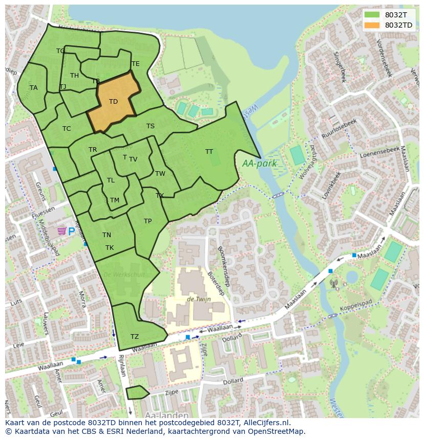 Afbeelding van het postcodegebied 8032 TD op de kaart.