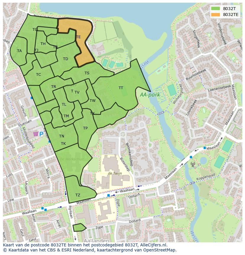 Afbeelding van het postcodegebied 8032 TE op de kaart.