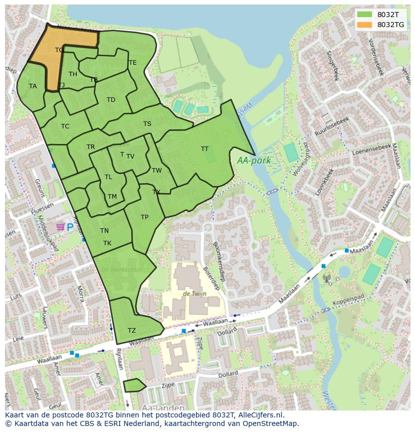 Afbeelding van het postcodegebied 8032 TG op de kaart.