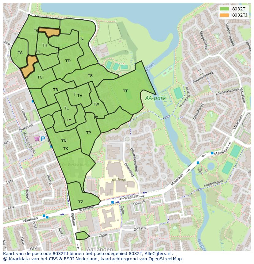 Afbeelding van het postcodegebied 8032 TJ op de kaart.