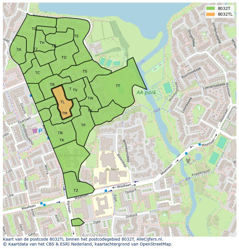 Afbeelding van het postcodegebied 8032 TL op de kaart.