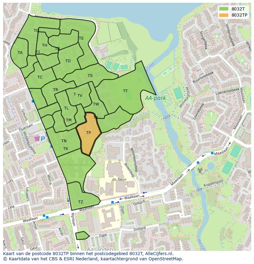 Afbeelding van het postcodegebied 8032 TP op de kaart.