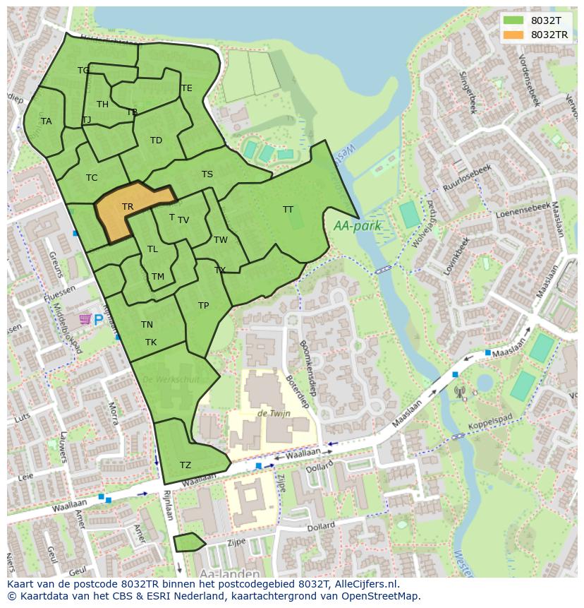 Afbeelding van het postcodegebied 8032 TR op de kaart.