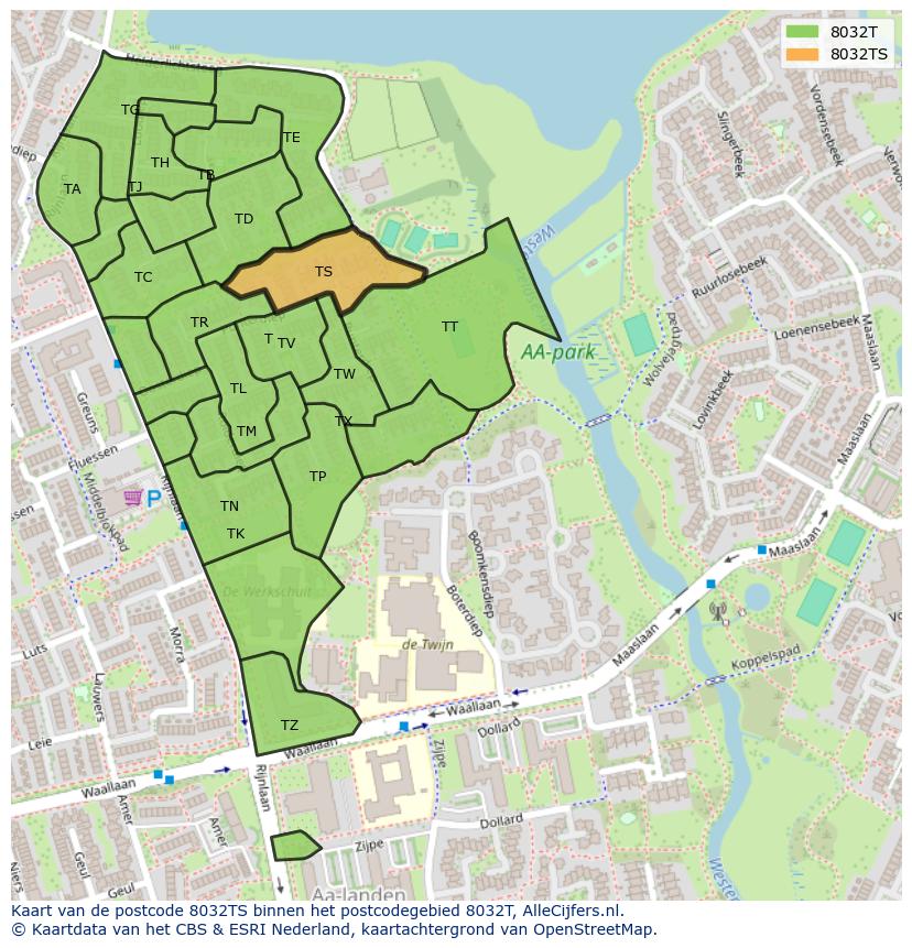 Afbeelding van het postcodegebied 8032 TS op de kaart.