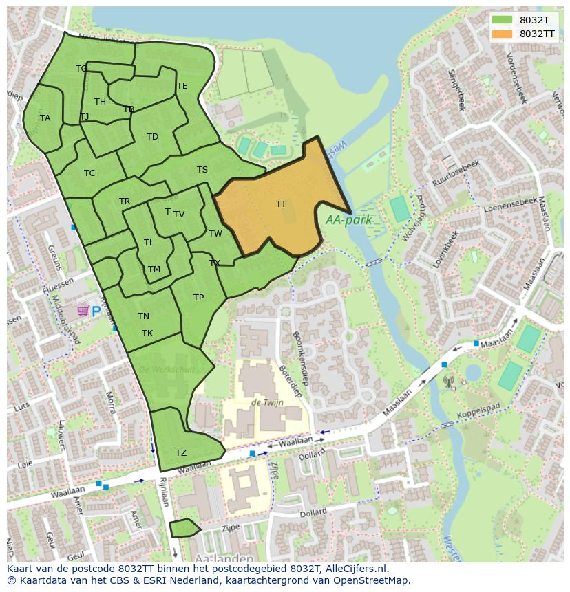 Afbeelding van het postcodegebied 8032 TT op de kaart.