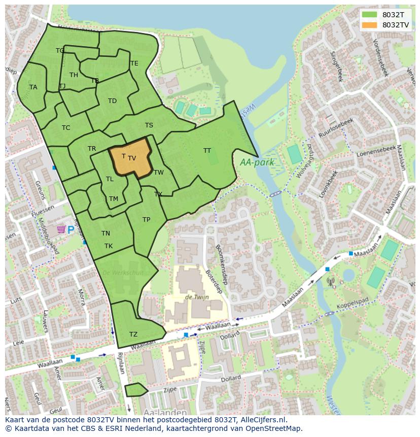 Afbeelding van het postcodegebied 8032 TV op de kaart.