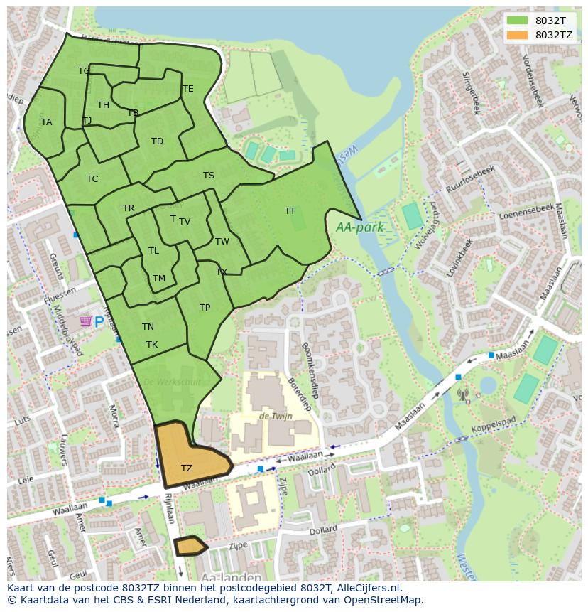 Afbeelding van het postcodegebied 8032 TZ op de kaart.