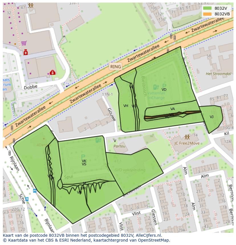 Afbeelding van het postcodegebied 8032 VB op de kaart.