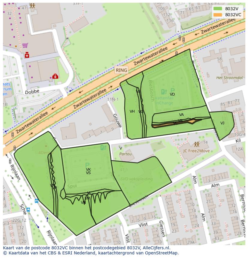 Afbeelding van het postcodegebied 8032 VC op de kaart.