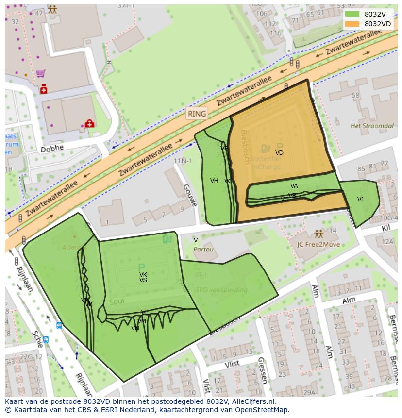 Afbeelding van het postcodegebied 8032 VD op de kaart.