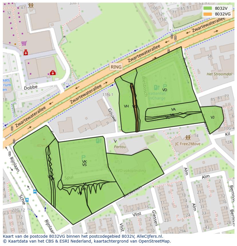 Afbeelding van het postcodegebied 8032 VG op de kaart.