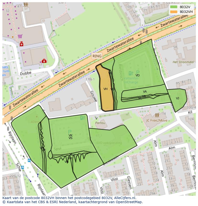 Afbeelding van het postcodegebied 8032 VH op de kaart.