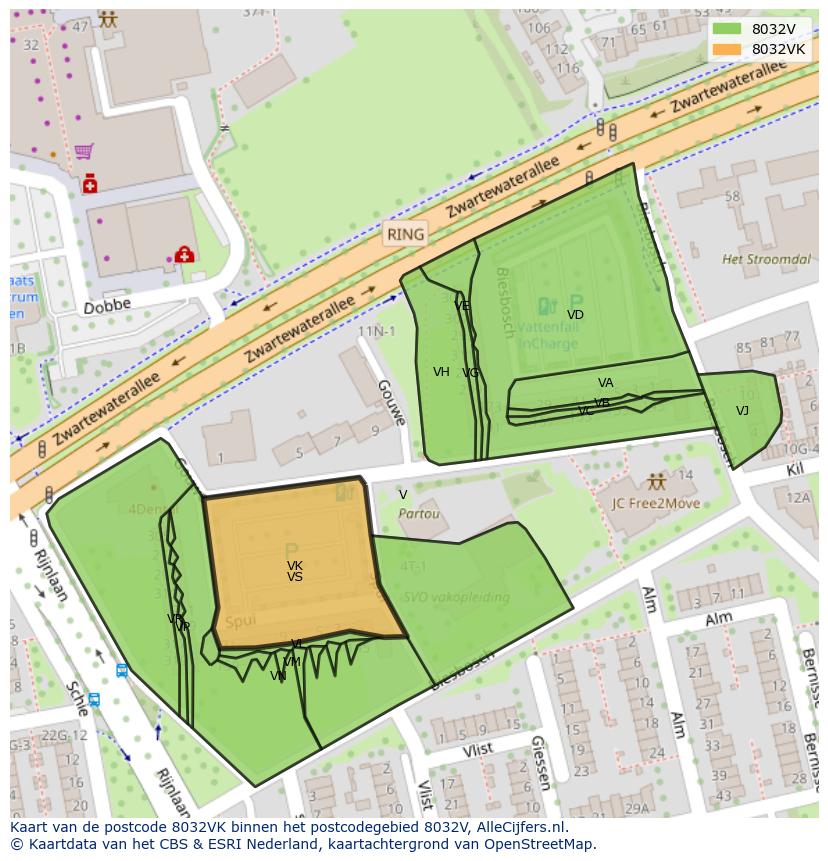 Afbeelding van het postcodegebied 8032 VK op de kaart.