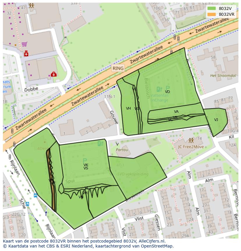 Afbeelding van het postcodegebied 8032 VR op de kaart.