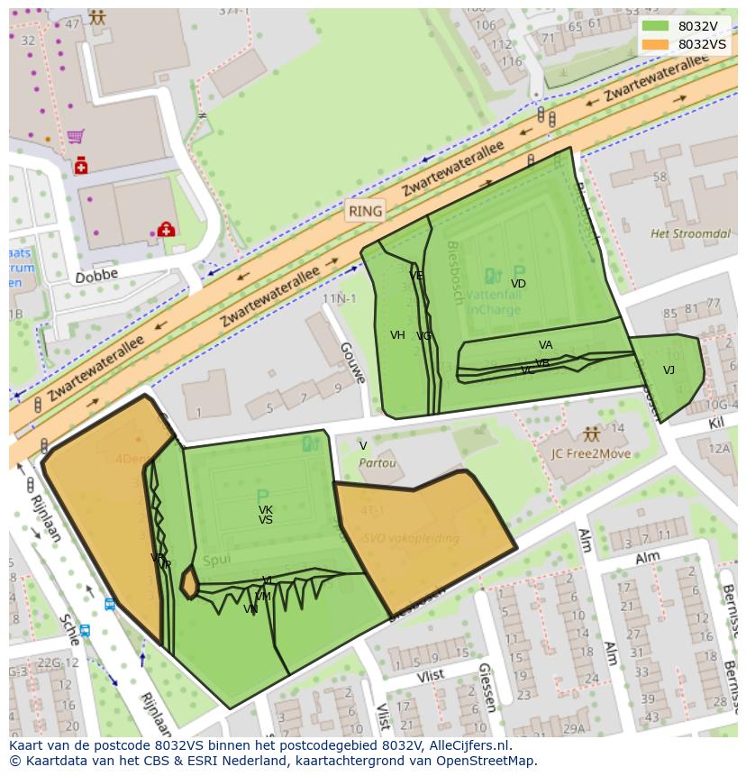 Afbeelding van het postcodegebied 8032 VS op de kaart.