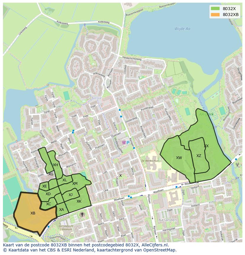 Afbeelding van het postcodegebied 8032 XB op de kaart.