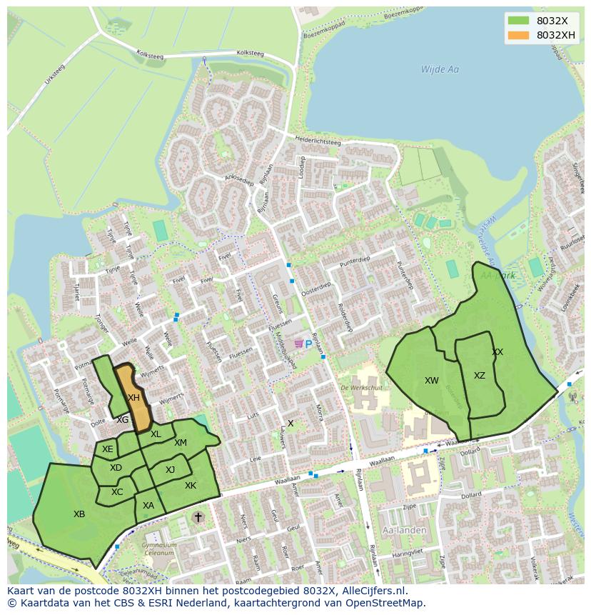 Afbeelding van het postcodegebied 8032 XH op de kaart.