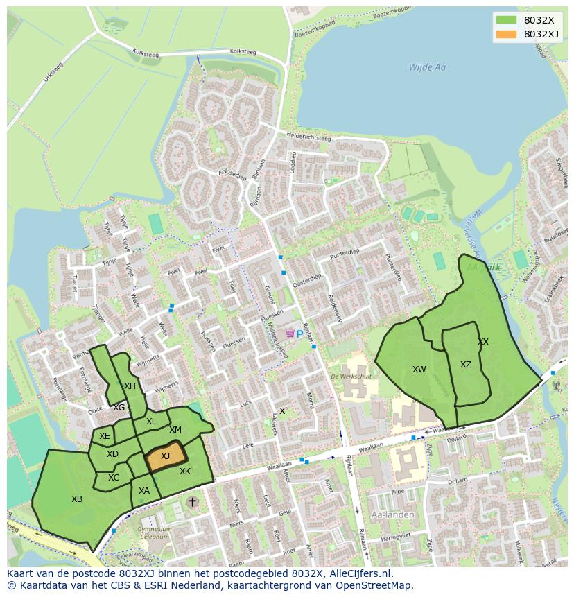 Afbeelding van het postcodegebied 8032 XJ op de kaart.