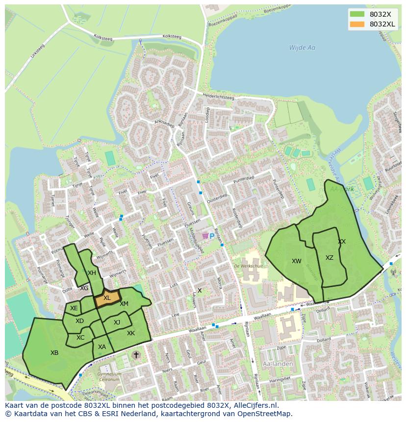 Afbeelding van het postcodegebied 8032 XL op de kaart.