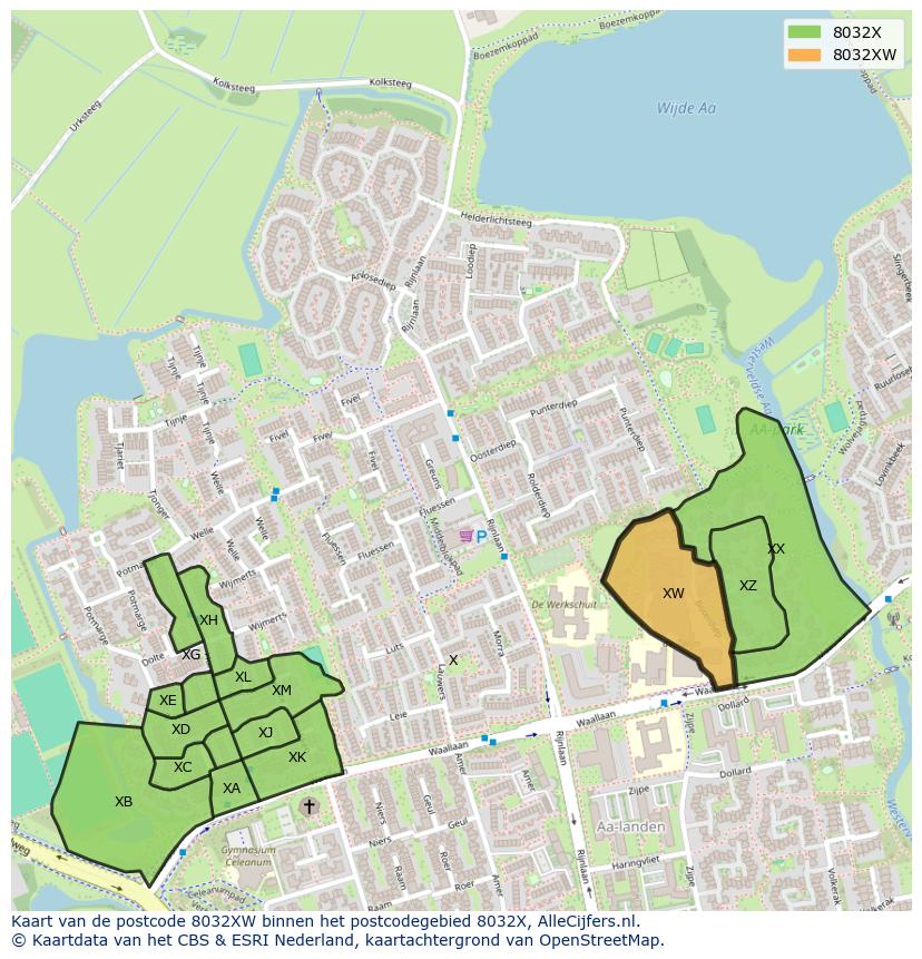 Afbeelding van het postcodegebied 8032 XW op de kaart.