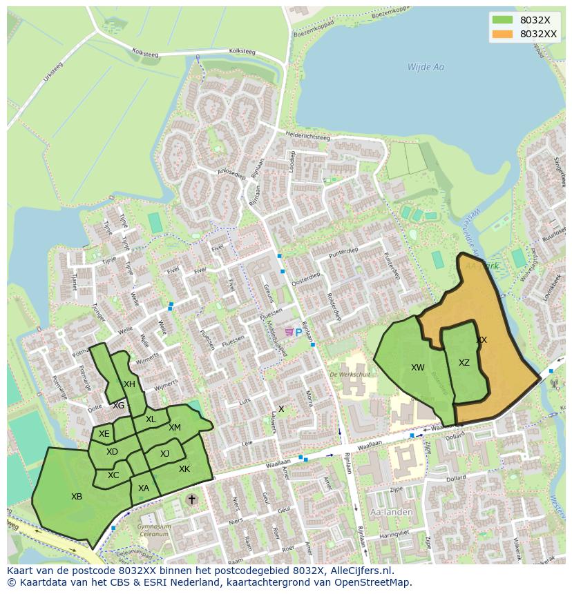 Afbeelding van het postcodegebied 8032 XX op de kaart.