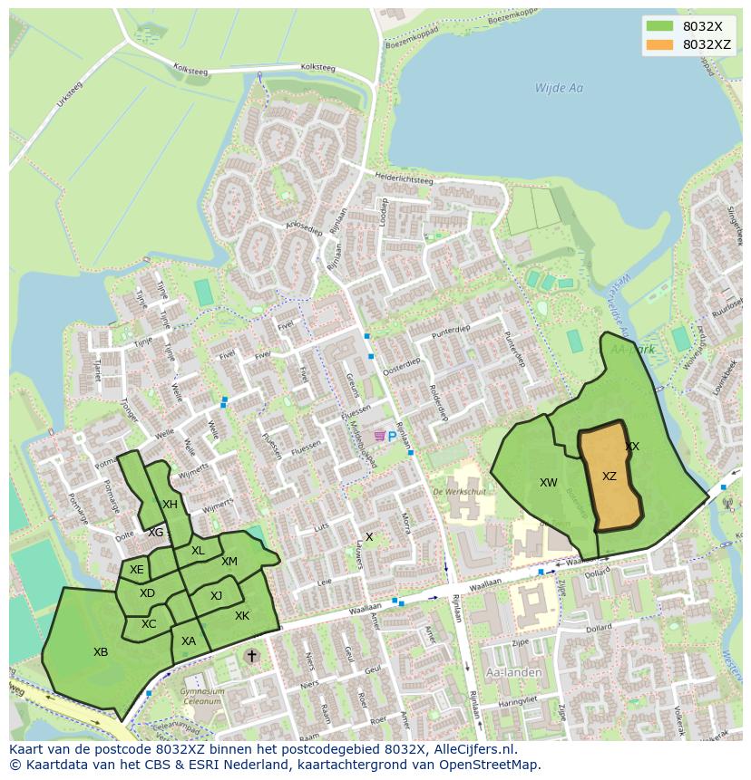 Afbeelding van het postcodegebied 8032 XZ op de kaart.