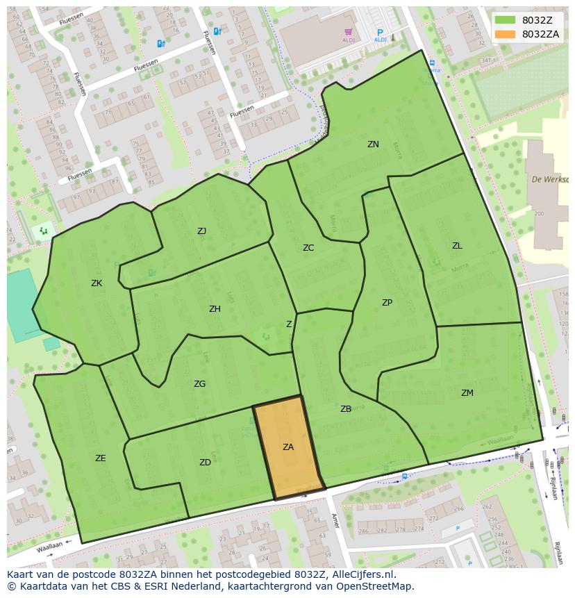Afbeelding van het postcodegebied 8032 ZA op de kaart.