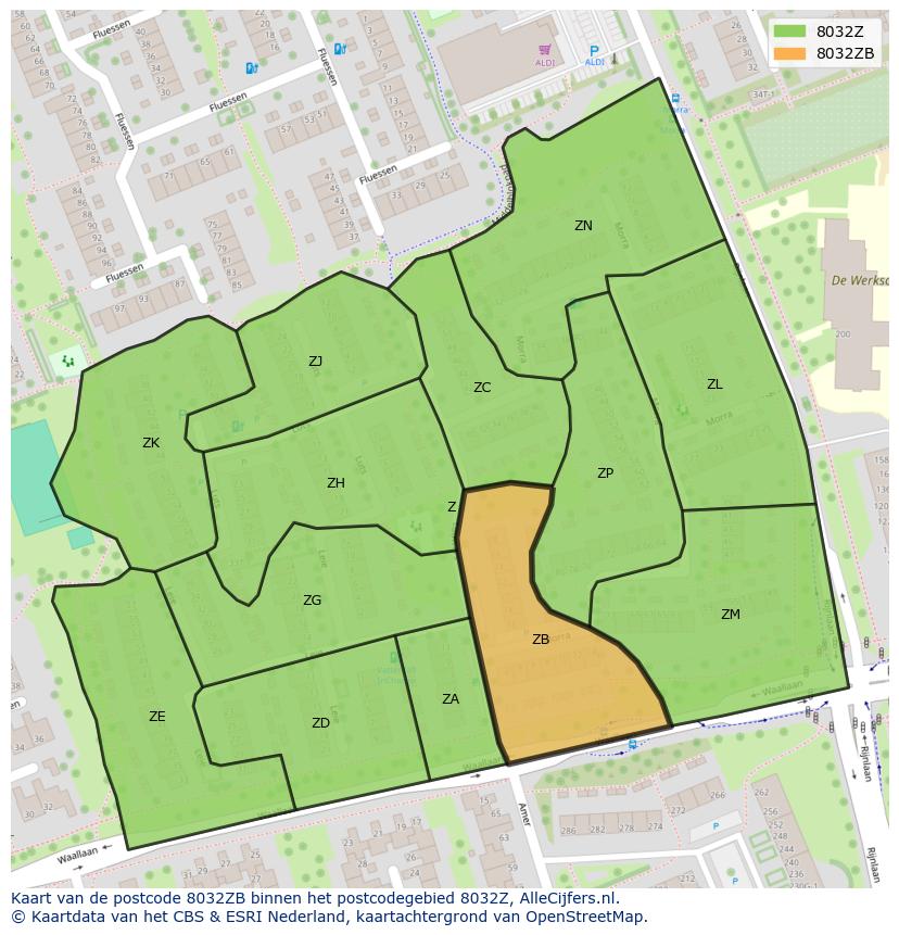 Afbeelding van het postcodegebied 8032 ZB op de kaart.