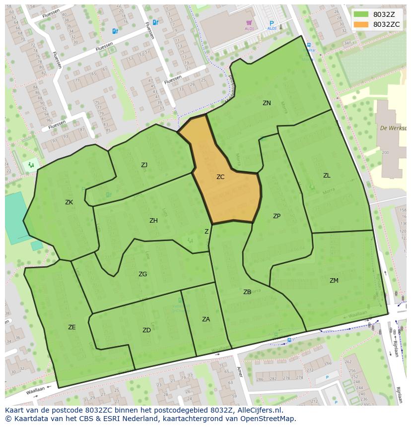 Afbeelding van het postcodegebied 8032 ZC op de kaart.