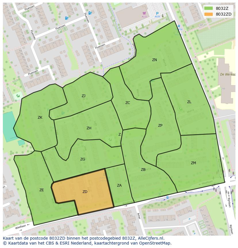 Afbeelding van het postcodegebied 8032 ZD op de kaart.