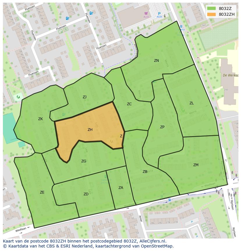 Afbeelding van het postcodegebied 8032 ZH op de kaart.