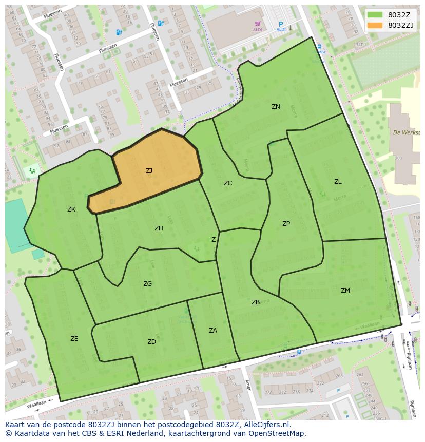 Afbeelding van het postcodegebied 8032 ZJ op de kaart.