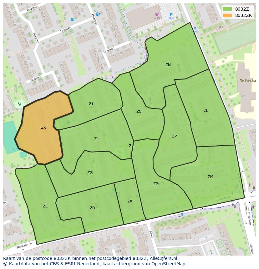 Afbeelding van het postcodegebied 8032 ZK op de kaart.