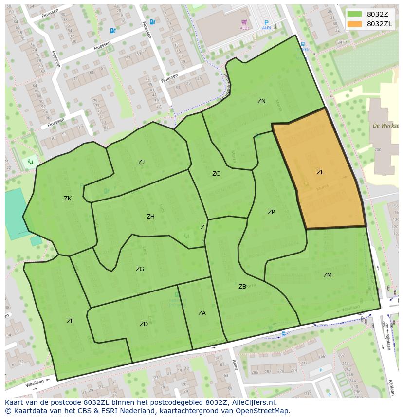 Afbeelding van het postcodegebied 8032 ZL op de kaart.