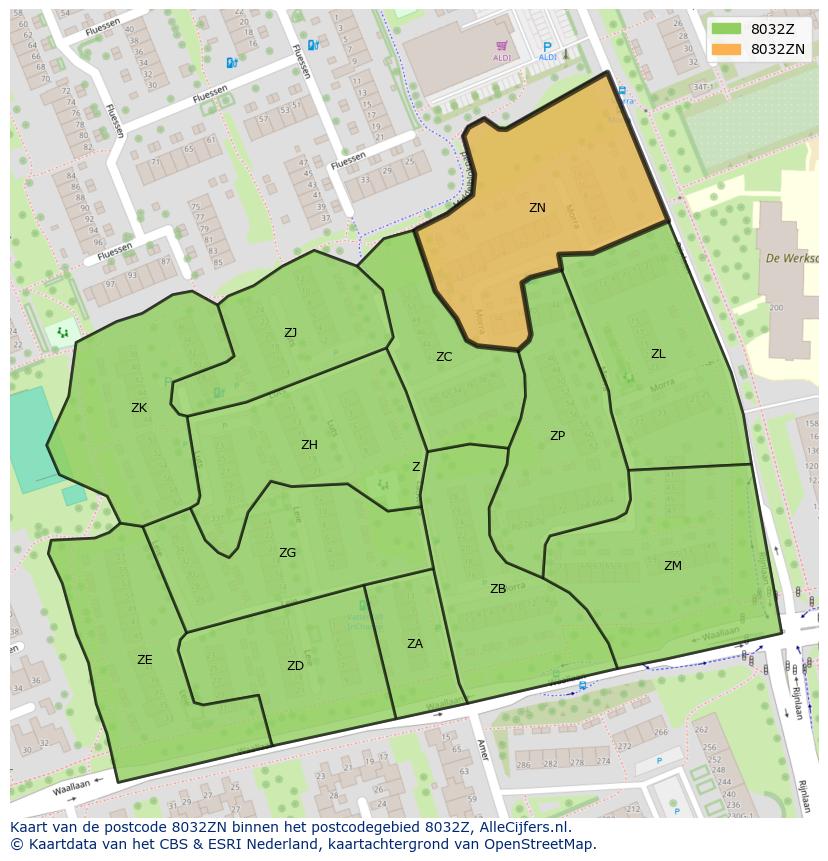 Afbeelding van het postcodegebied 8032 ZN op de kaart.