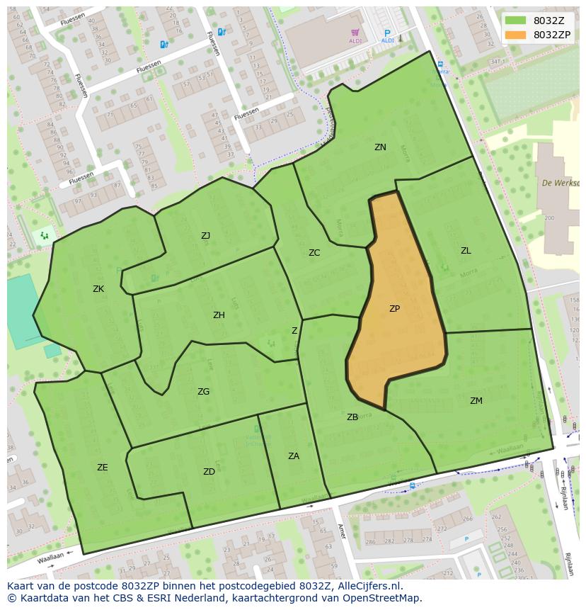 Afbeelding van het postcodegebied 8032 ZP op de kaart.