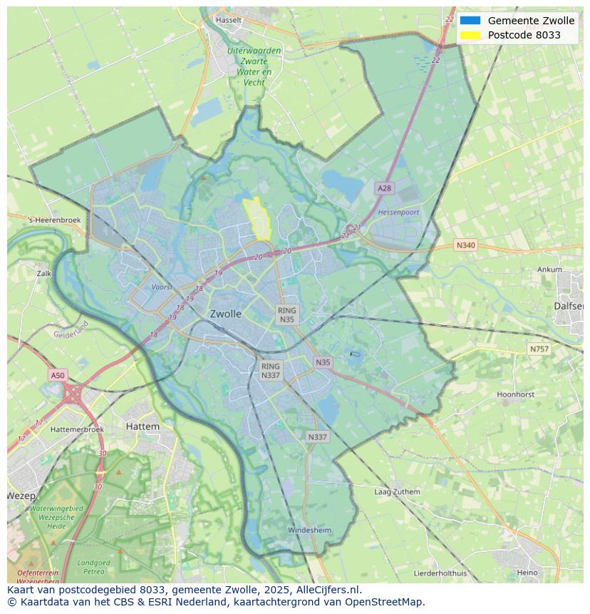 Afbeelding van het postcodegebied 8033 op de kaart.