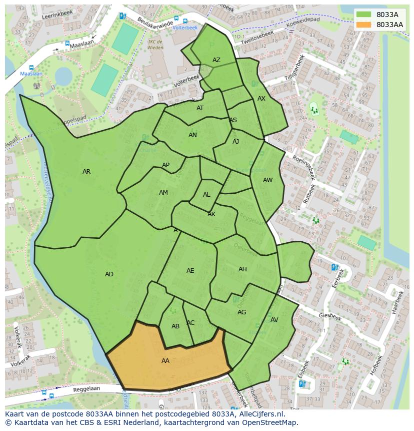 Afbeelding van het postcodegebied 8033 AA op de kaart.