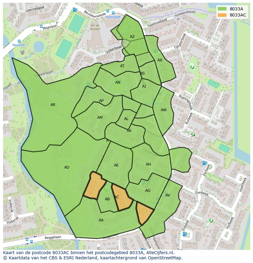 Afbeelding van het postcodegebied 8033 AC op de kaart.
