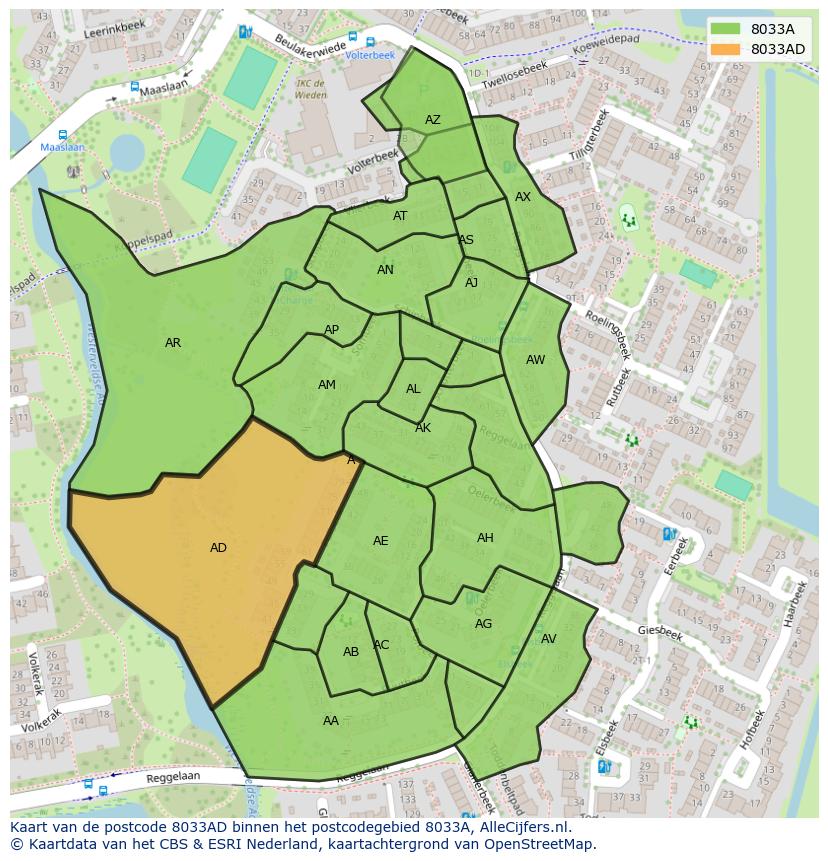 Afbeelding van het postcodegebied 8033 AD op de kaart.