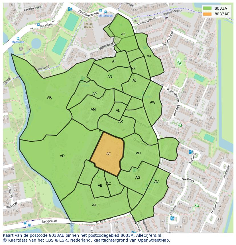 Afbeelding van het postcodegebied 8033 AE op de kaart.